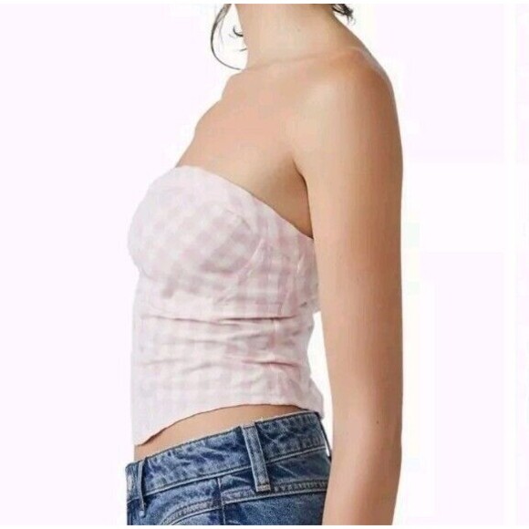 Free People Leilani Gingham Tube Top Corset NWT Pink White Smocked Back Size L - Picture 9 of 10